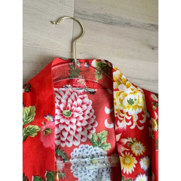 Vintage 70s Kimono Short Robe Orange floral Print Belted Pockets Loungewear Pool - Picture 5 of 8